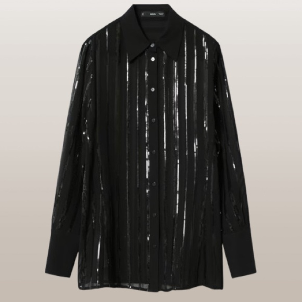 Mango- Black Sequins Button Down Top. Size: Xs - image 4